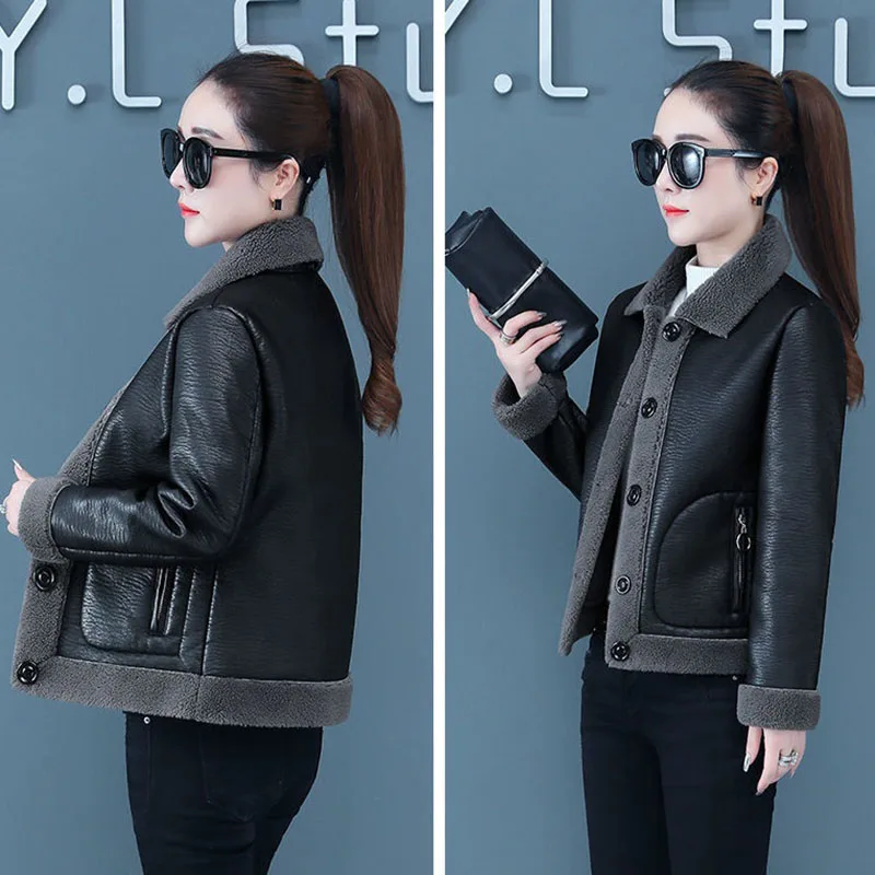 Imitation Lamb Fleece Leather Jacket Female Autumn Winter Fashion Wild Add Velvet Keep Warm Soft Leather Outcoat Lady Short Coat