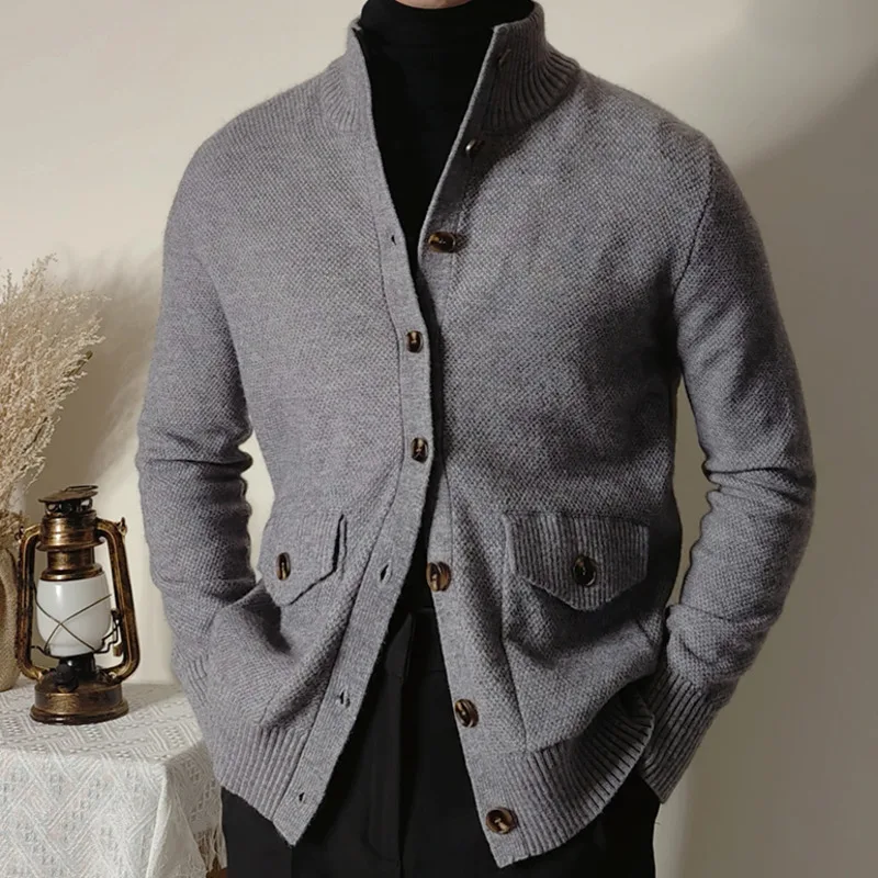 Abrigo cálido de invierno, suéter de otoño, cárdigan para hombre, suéteres de bolsillo tejidos de ajuste cálido, suéter con cuello levantado para hombre, cárdigan superior con una botonadura