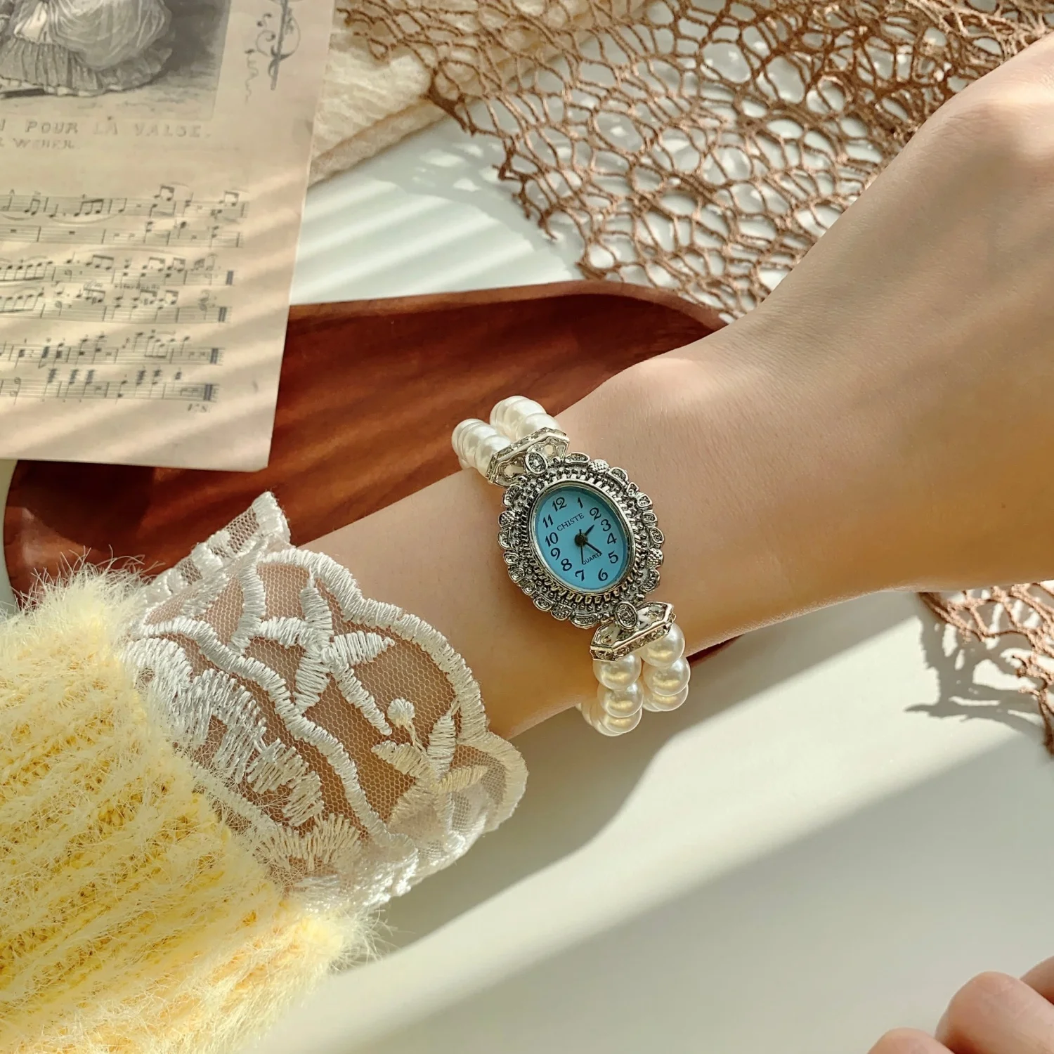 Damen-Doppelreihen-Perlen-Quarzuhren für Kinder, elastisches Armband, arabisches digitales Zifferblatt, einfache Uhr für Kinder, modische Studenten-Armbanduhr – Detail 6