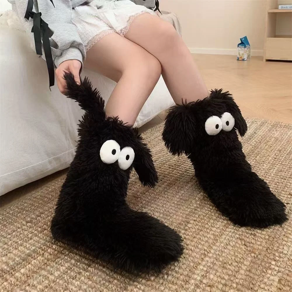 Winter Kawaii Big Eyes Slipper Socks with Puppy Ears Mid-Calf Cartoon Non-slip Floor Socks Thickened Warm Coral Fleece Socks