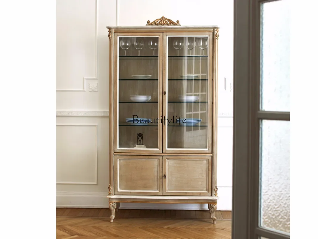 

ld14 French retro old solid wood side cabinet American customizable restaurant glass door storage wine cabinet