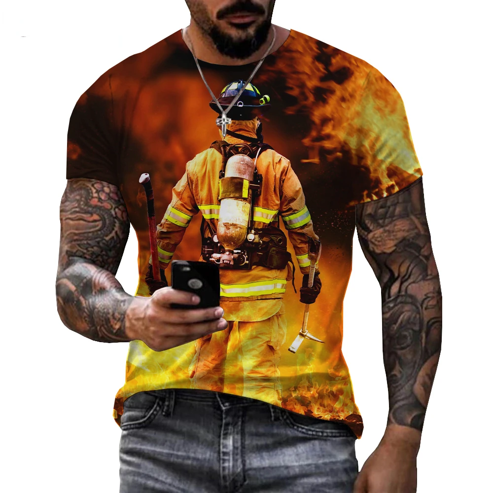 Firefighter Hero 3D-Printed T-shirt Summer Men\'s Casual Harajuku Trend Tough Soldier Short Sleeve O Neck Quick Dry Street Shirt