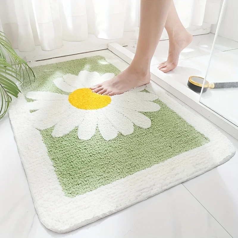 1pcs Fluffy Soft Daisy Pattern Non-Slip Bath Mat Absorbent Quick-Drying Textured Grip for Bathroom Toilet Shower Kitchen
