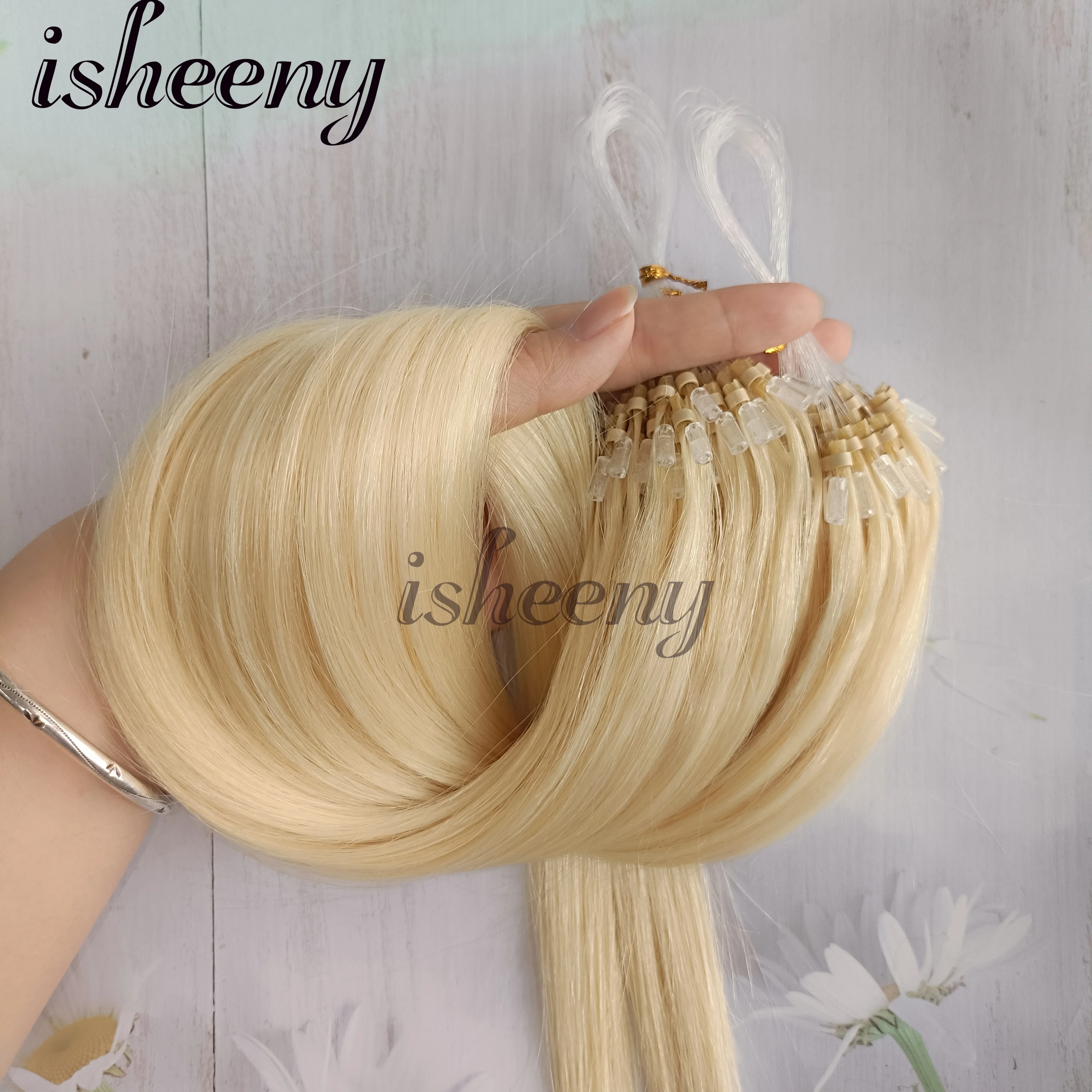 Micro Loop Ring Human Hair Extensions Platinum Blonde Link Hair 50pcs Micro Beads Extensions 30g for Women