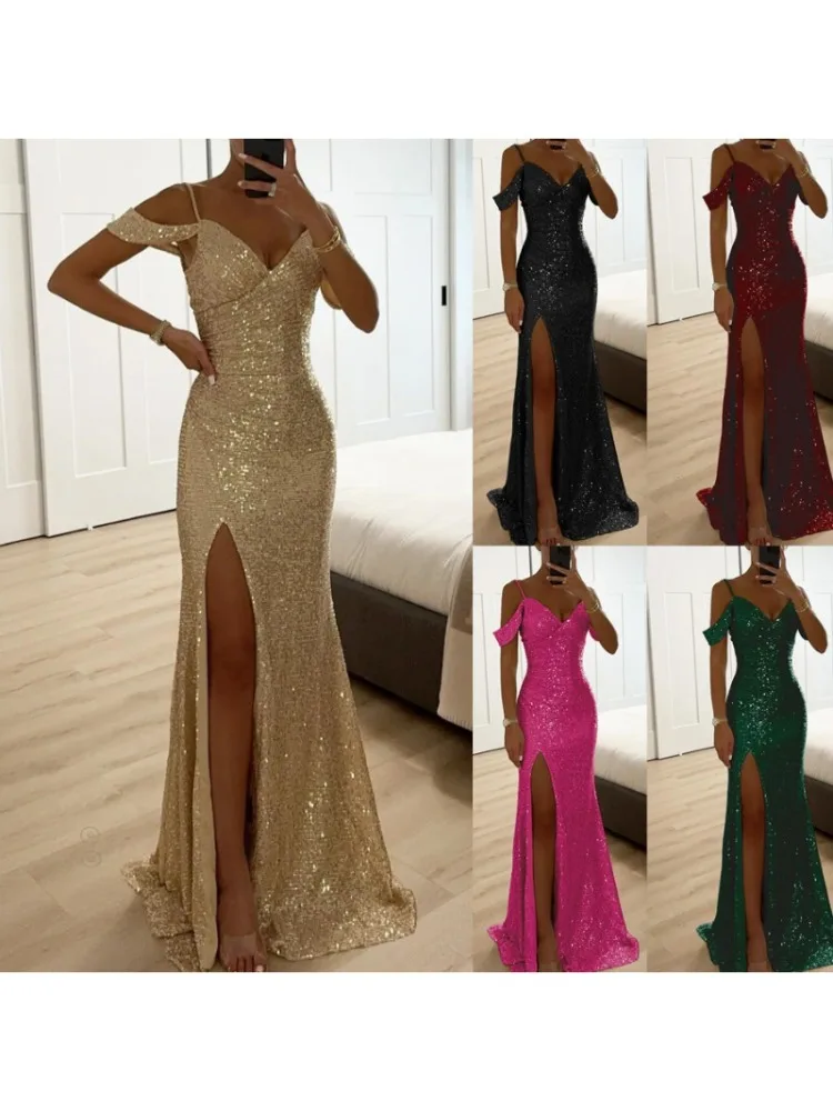 Cross-border 2024 Europe and the United States Spring and autumn new style halter sequins slit dress casual relaxed party dress