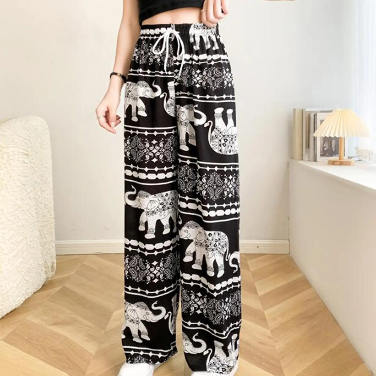 Bohemian High Waist Harem Pants Womens Wide Leg Yoga Trousers Elephant Print Loose Fit Casual Summer Hippie Beach Festival