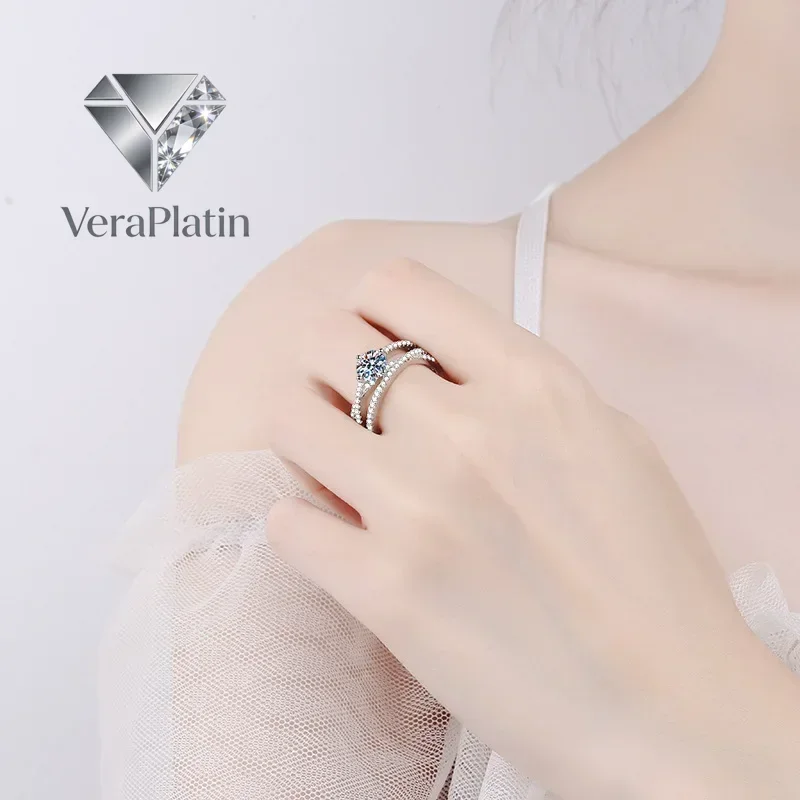 

VeraPlatin Women Winding Band 18K White Gold Engagement Rings VVS1 D Color 1CT Moissanite Diamond PT950 Platinum Girl Friend Bir