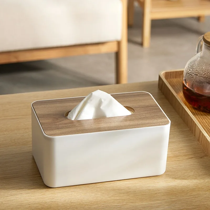 Japanese Style Bamboo Wood Tissue Box - Simple Plastic Multifunctional Storage Box for Living Room Table