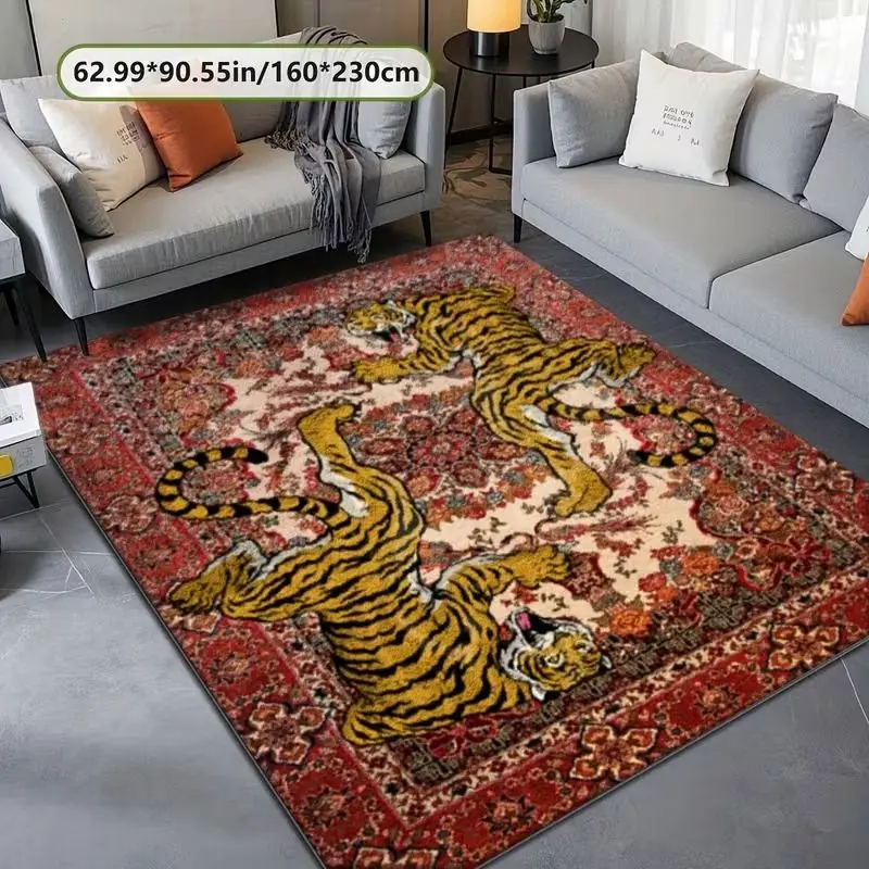 VIKAMA Retro Tiger-Print Rug—Non-Slip, Stain-Resistant Living Room Rug and Bedroom Foot Rug for Home Decor
