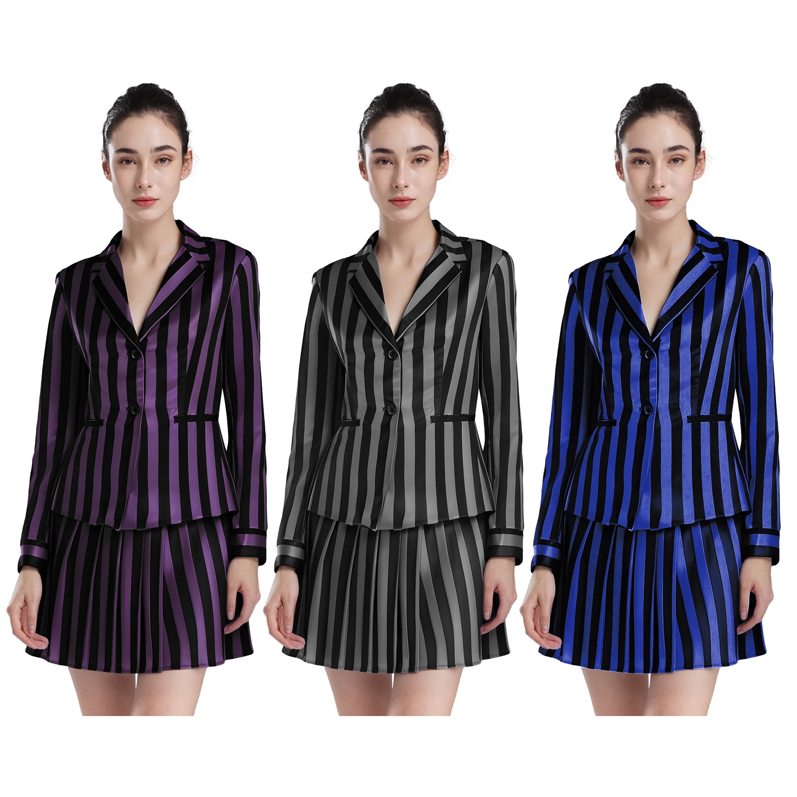 

Women Striped Formal Suit Sets Academy School Girl Student Uniform Blazer Jackets And Pleated Hem Skirt Set for Party Office