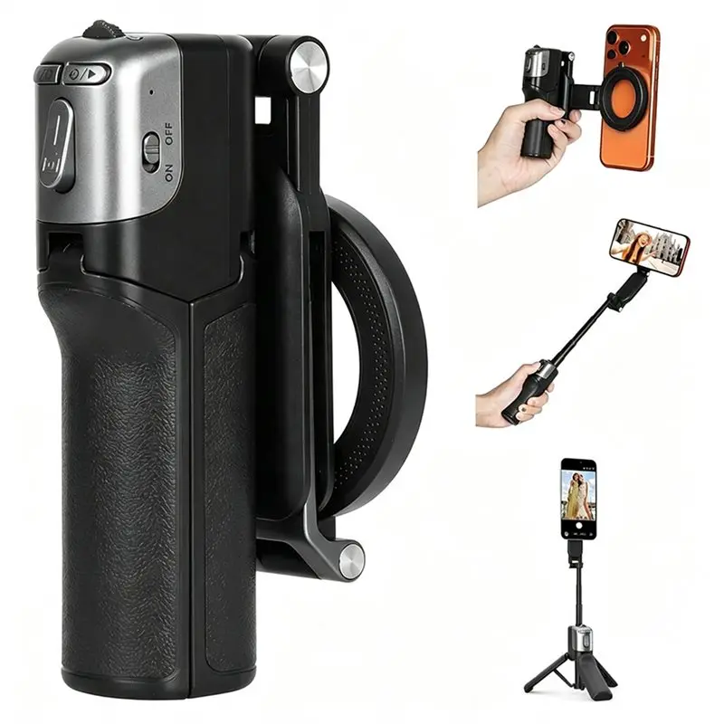B04C-Wireless Remote& Ergonomic Grip Equipped Magnetic Mini Selfie Stick Tripod 4-In-1 Phone Stand Detachable Design