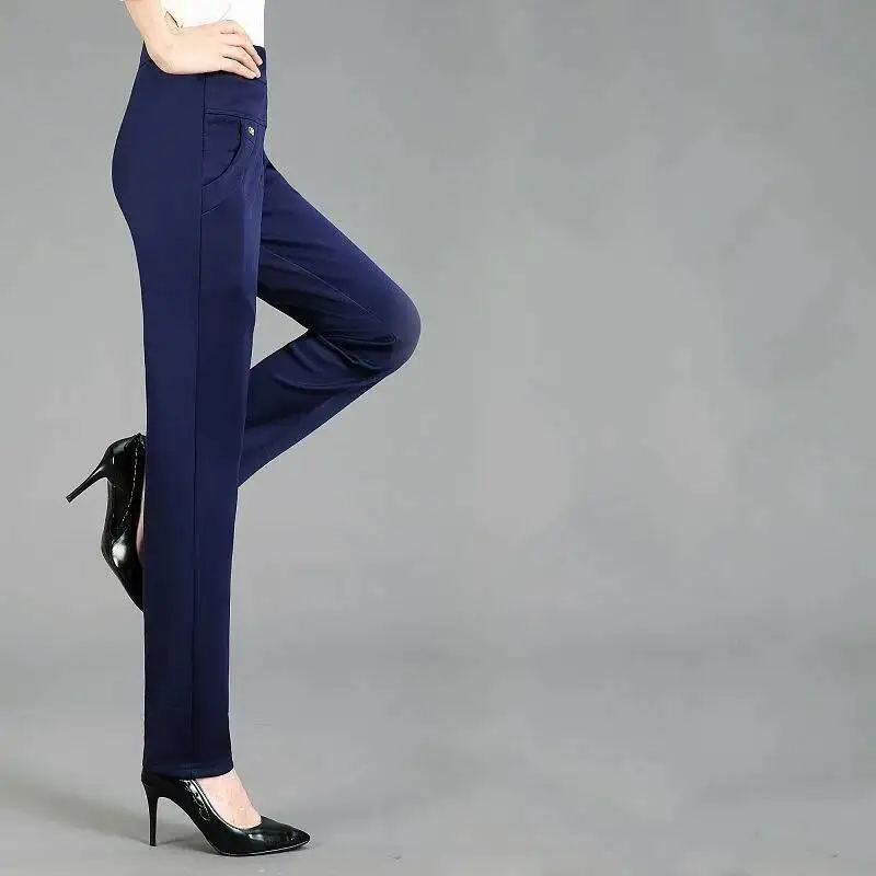 2025 Spring Autumn Women's Trousers Casual Elastic High Waist Pants Office Lady Elegant Straight Trousers Pantalon Femme