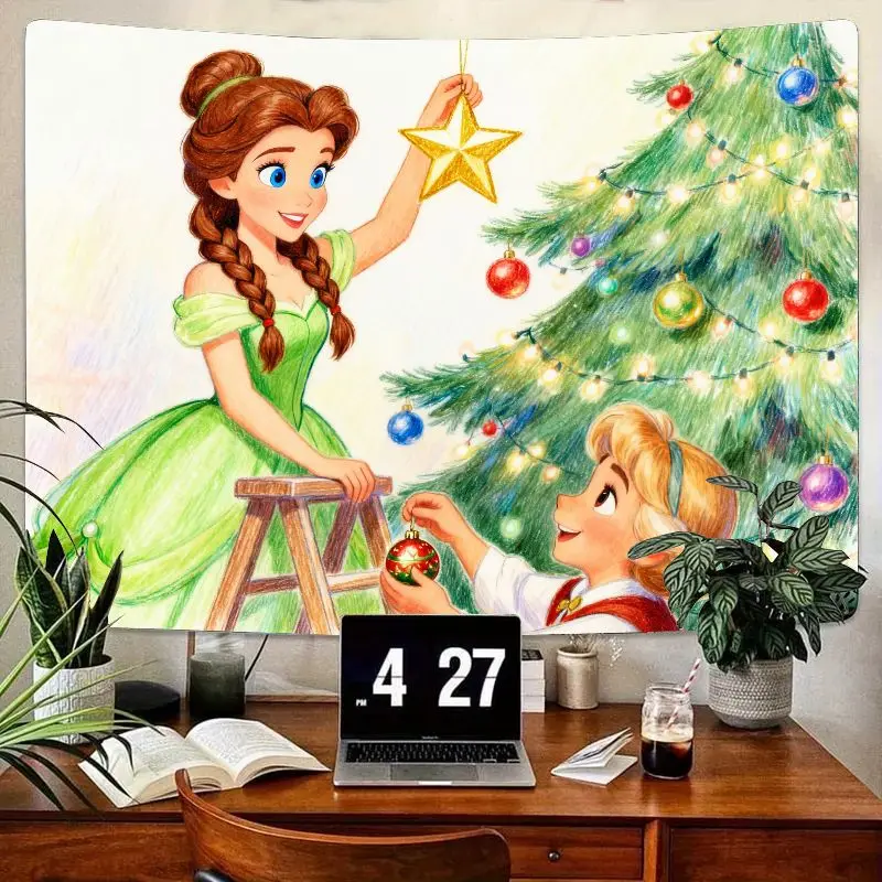 

1PC Charming Christmas Tapestry: Fairy Tale Duo Decorating Tree. Festive Wall Art for Holiday Home Decor, Kids Room, Gift. Polye