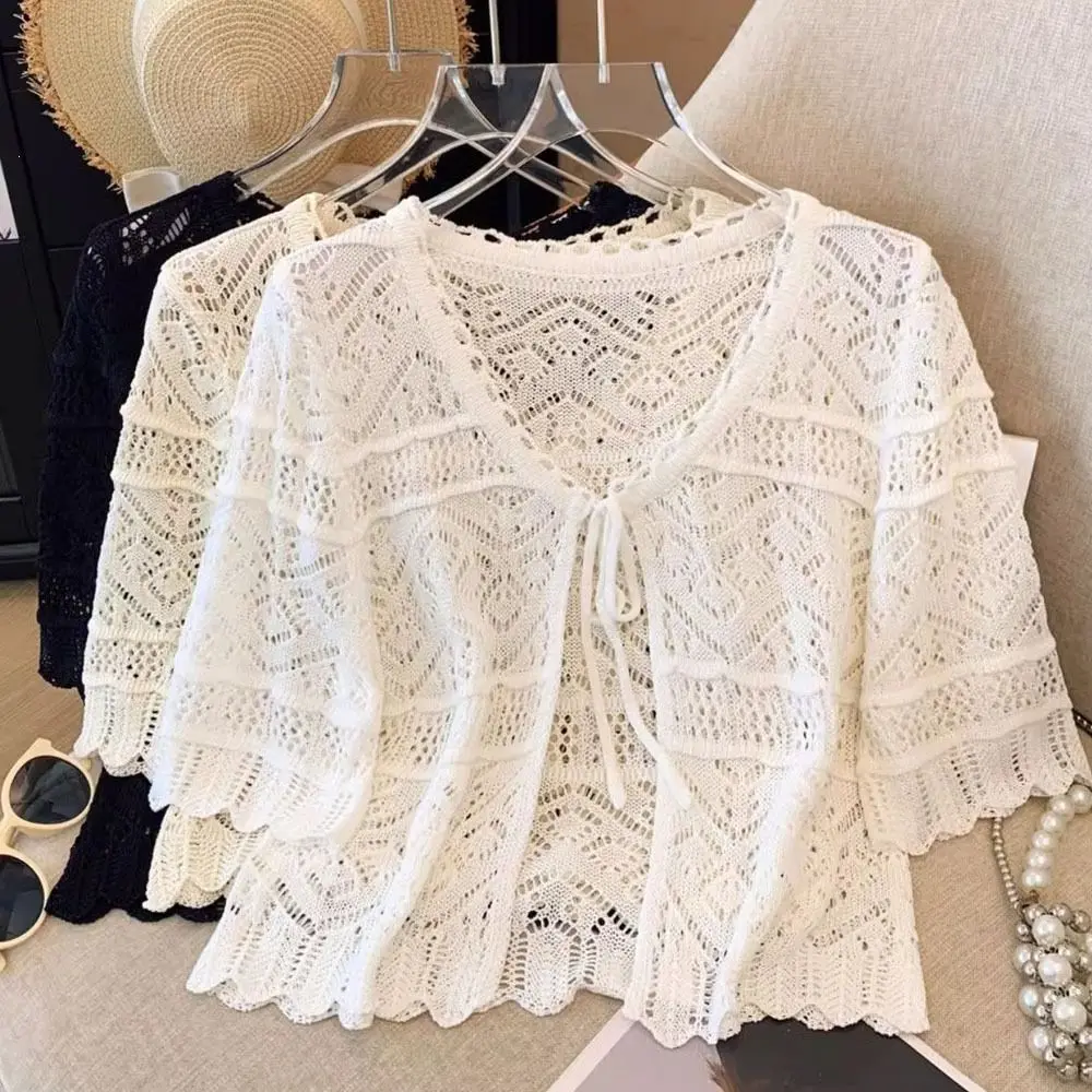 

New Flower Knitted Cardigan V-Neck Thin Short Sleeve Shawl Hollow Out Casual Outwear Summer