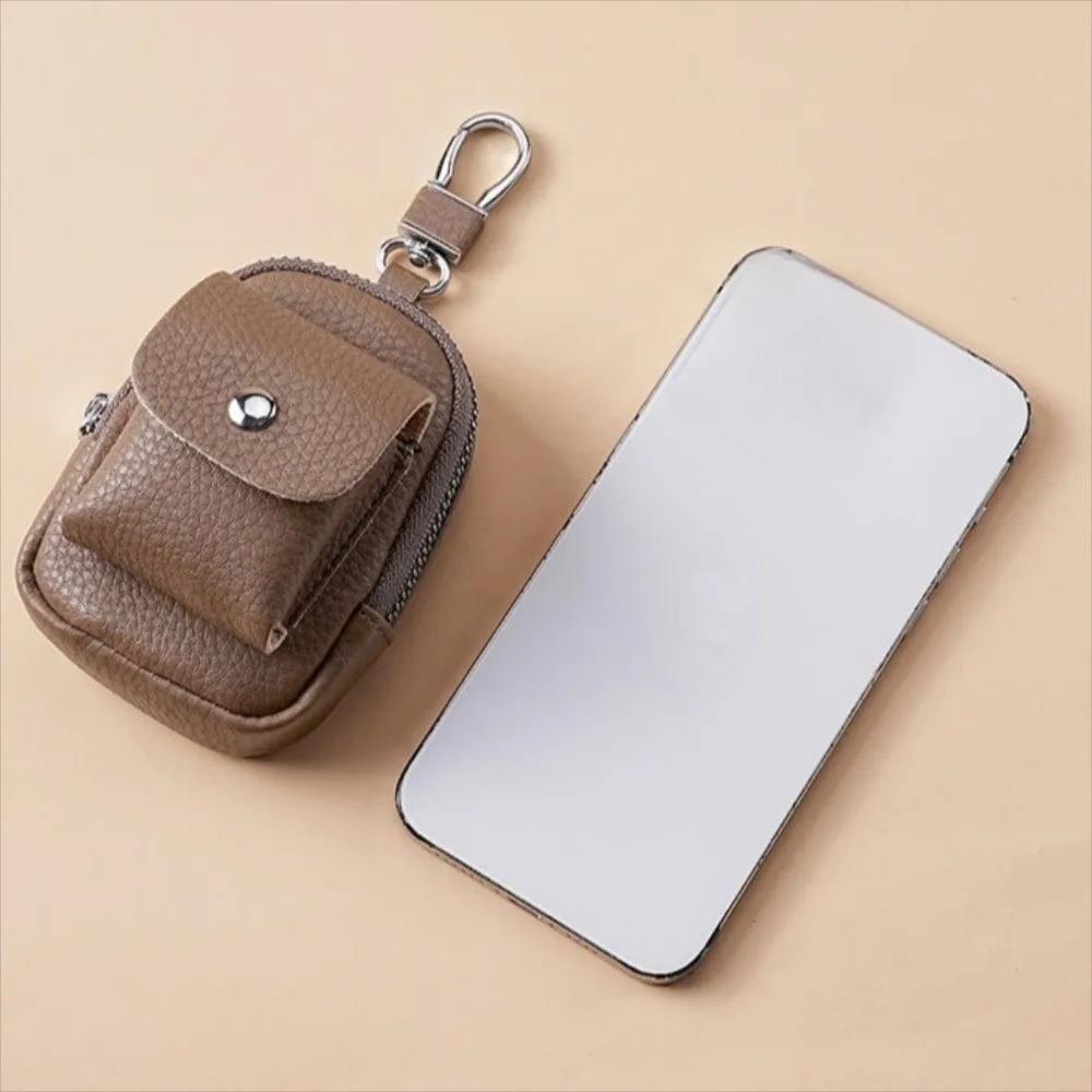 PU Leatheren Waist Hanging Key Bag Top Layer Cowhide Mini Size Earphone Storage Bag Hanging Buckle Small Pocket