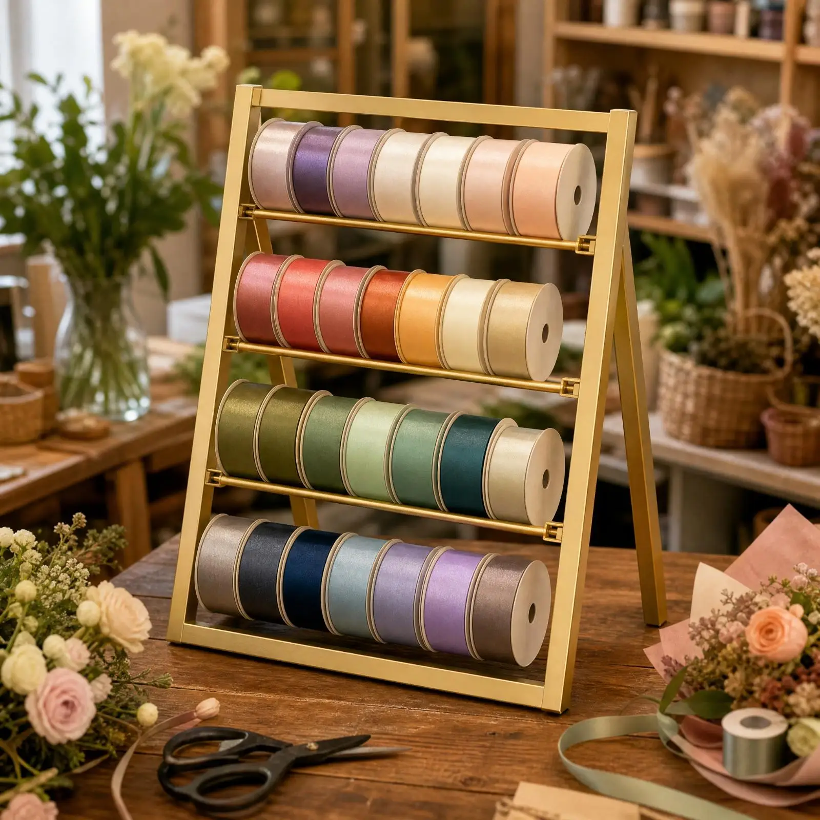 Freestanding Ribbon Rack with Horizontal Rods Gold-Colored Ribbon Storage Rack Easy to Assemble Organizer Stand for Florists,