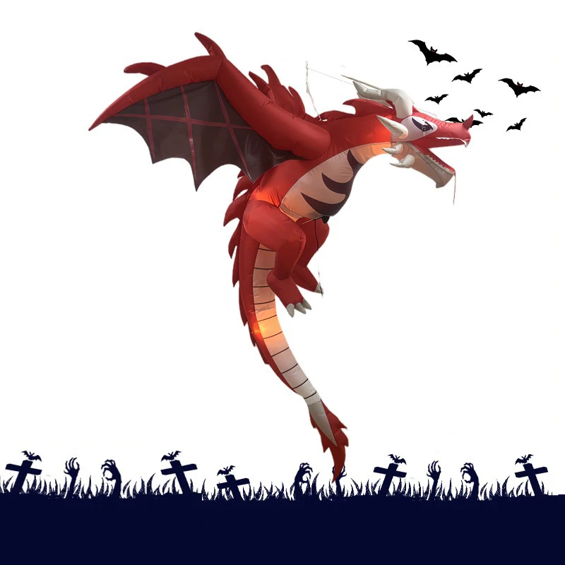 5Ft 1.5M Halloween Inflatable Flying Dragon Model LED Lights Up Flame Dinosaur Garden Courtyard Party Decoration Festival Props