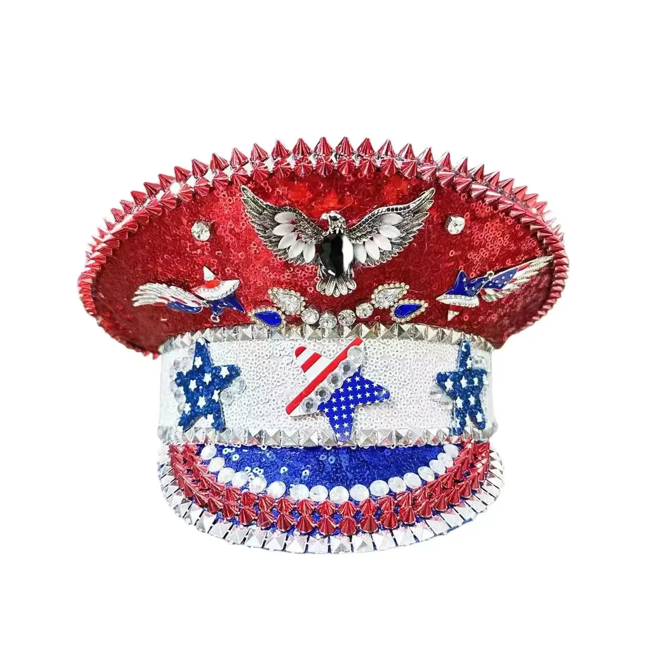 HongLuan Yellow Laser Leather Loop Captain Hat Rhinestone & Military Caps for Woman, Rave Festivals Accessories ＆ Party Cap Man