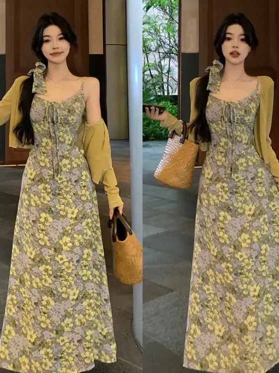 

plus Size Romantic Floral Print Spring Summer Dress And Top Set for Young Girls White Enhancing Gentle Waist Cinched Outfit