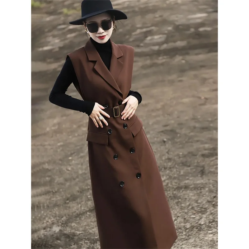 

New French Style Luxury Long Vest Dress Autumn Temperament Double Breasted Sleeveless Suit Vest Dress Women Waistcoat JJ609