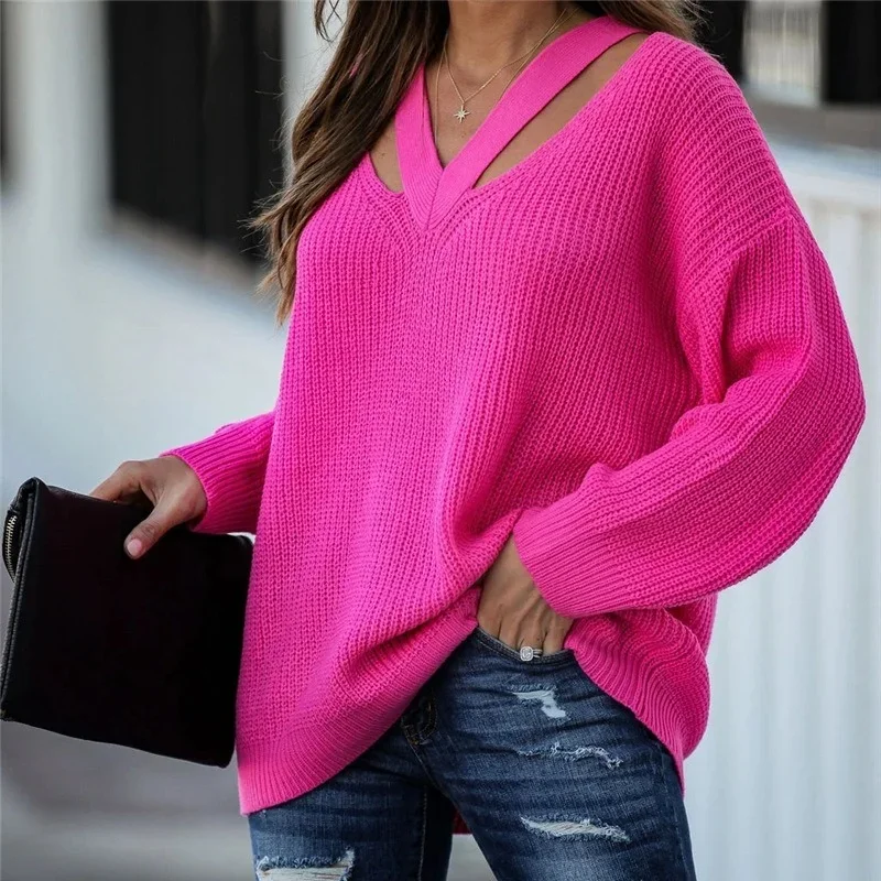 Eleganti maglioni lavorati a maglia in tinta unita da donna con scollo a v scava fuori pullover Casual allentati autunno inverno Street Fashion maglioni caldi