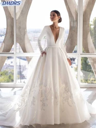 Abito da sposa semplice a maniche lunghe con scollo a O Abito da sposa con applicazioni classiche Abito da sposa lungo in raso grazioso Robe De Mariée personalizzato