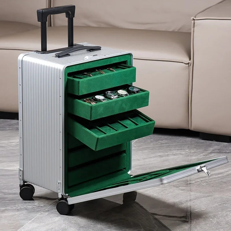 High jewelry box, large capacity 22-inch aviation aluminum alloy watch storage box, portable trolley case with lock