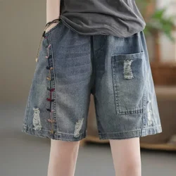 Women's Denim Shorts Ripped Hot Pants Korean Baggy High Waist Embroidery Woman Jeans Blue Summer Clothes 2024 Wide Tailoring New