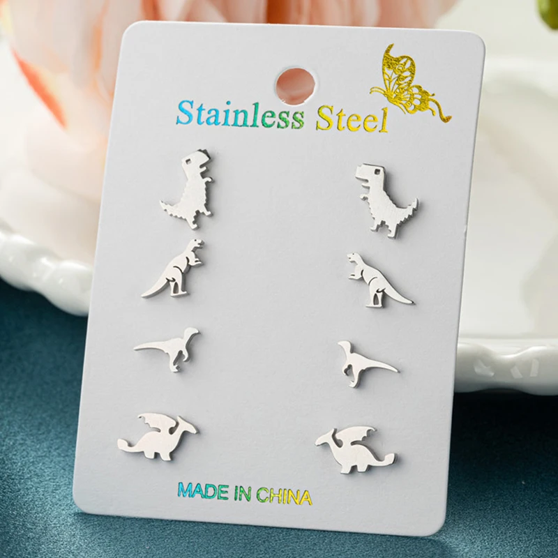 4 pary / partia Tiny Tyrannosaurus Rex Earings Cartoon Dinosaur Kolczyki sztyfty ze stali nierdzewnej dla dziewczynek Biżuteria imprezowa Akcesorium
