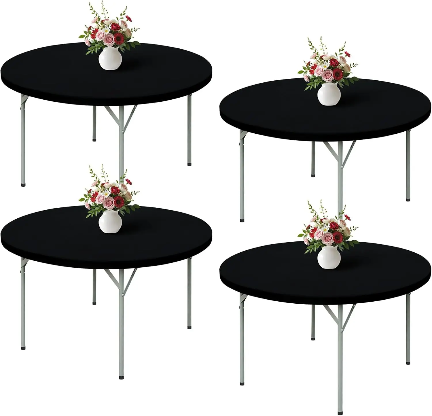 

4 Pack 4 Foot Black Fitted Tablecloth 48 Inch Round Elastic Edges Table Cloth, Spandex Stretch Table
