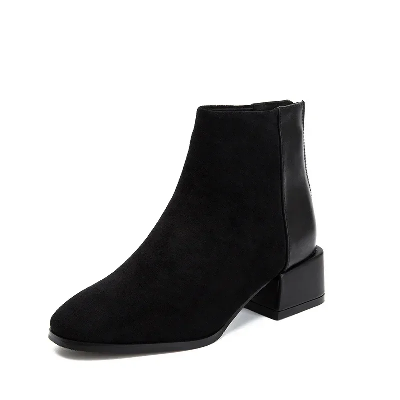 Cow Suede Ankle Modern Boots Spring/Autumn Square Toe Women's Shoes on Sale 2024 New Mid Heel Solid Concise Women's Boots