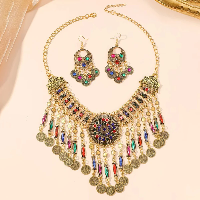 3 Pcs/set Ethnic Style Jewelry Set Retro Dance Accessories Suitable for Party Banquets Dances Wear Women Necklaces Earrings Set