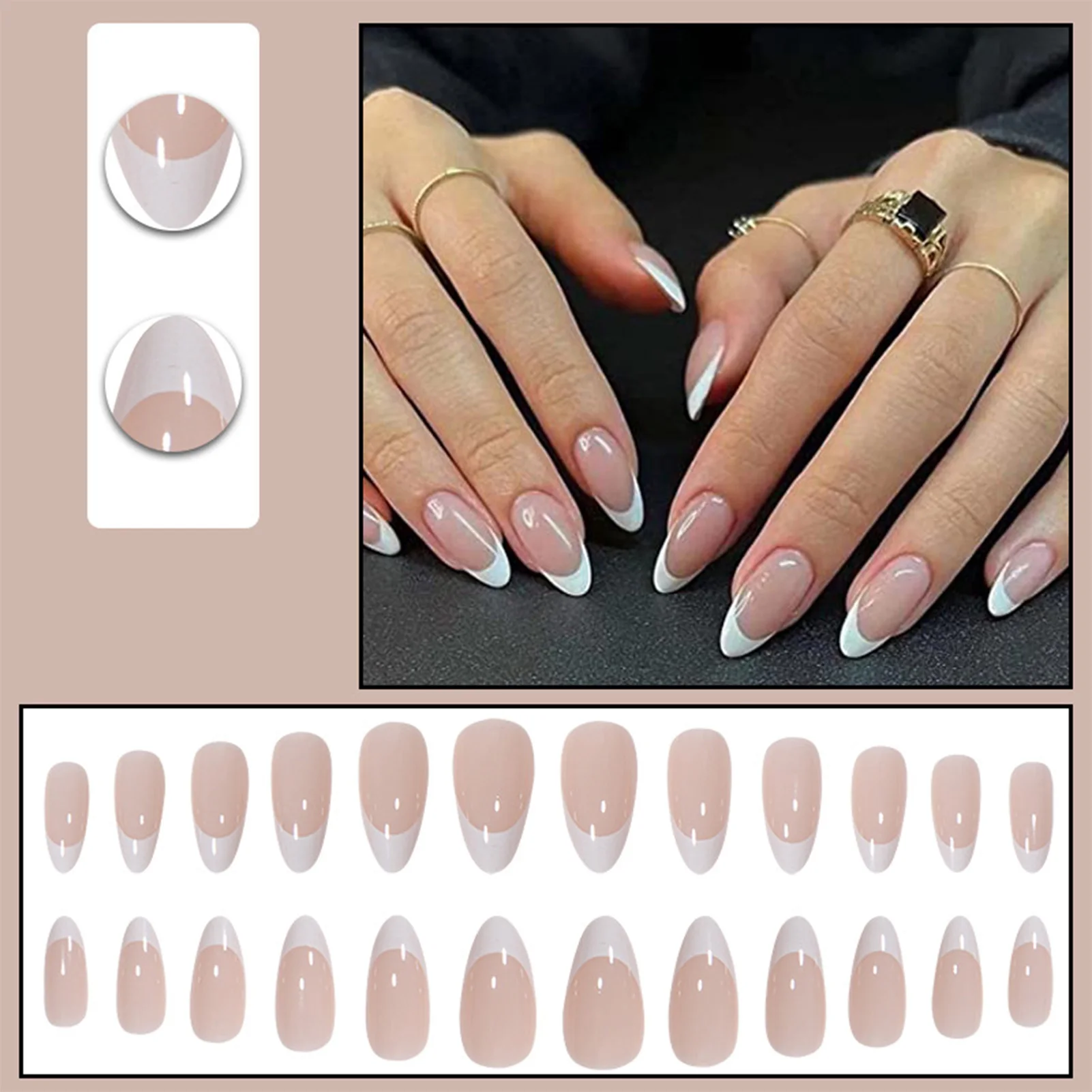 Almond Glue on Nails Set Ultra-Smooth Reusable White Edge Stick on Nails for DIY At-Home Manicure Kit