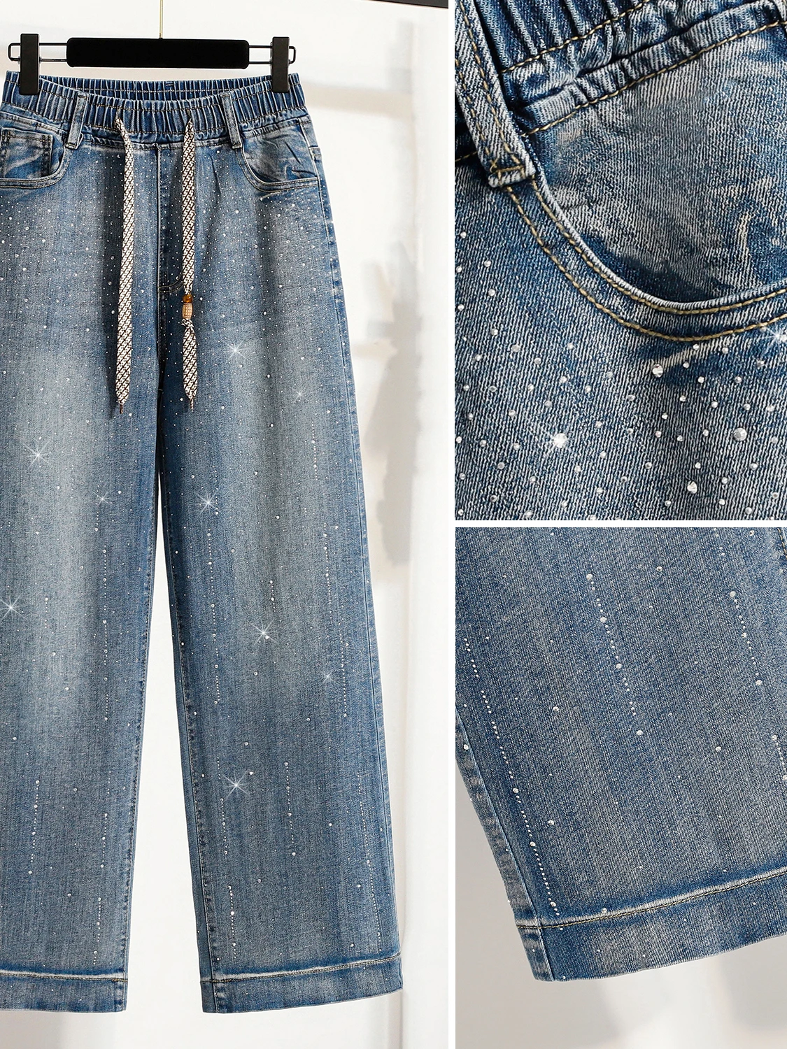 Shiny Diamond Embellished plus Size Straight Leg Jeans Elastic Waist Slightly Stretchy Spring Summer New Arrival for Women
