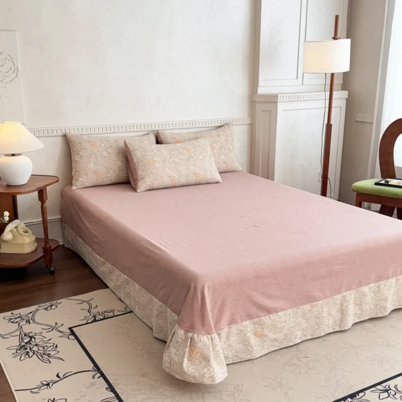 Retro printed linen double yarn bed sheet skin-friendly washed bed sheet three-piece bed sheet