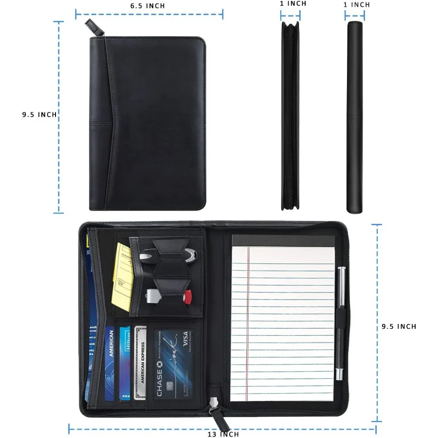 Organizer per portafoglio piccolo Portafoglio aziendale con cerniera A5 Cartella per padfolio junior per donne e uomini Blocco note 5 x 8 Ilud