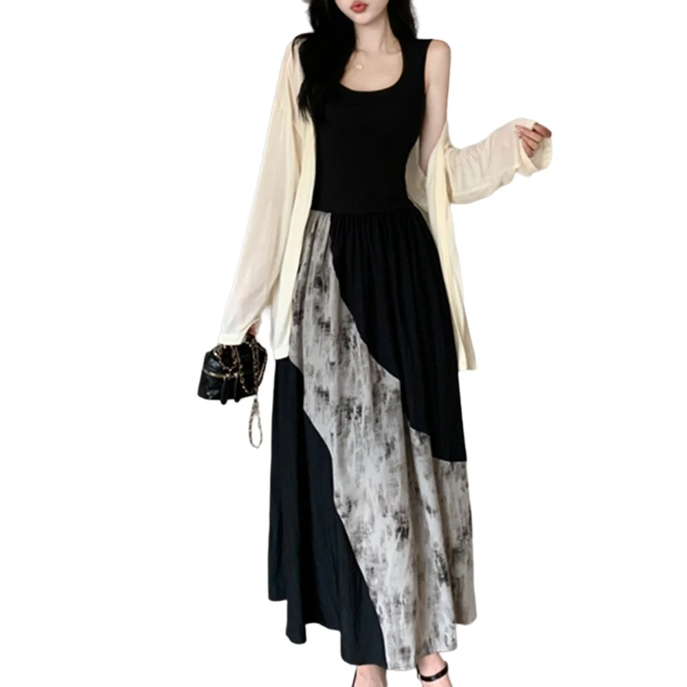 Zomer Dunne Zonwering Vest Dr Tweedelige Set Hoge Taille Print Splitsen Taille-Knijpen ket Lange Rok Koreaanse Sle C...