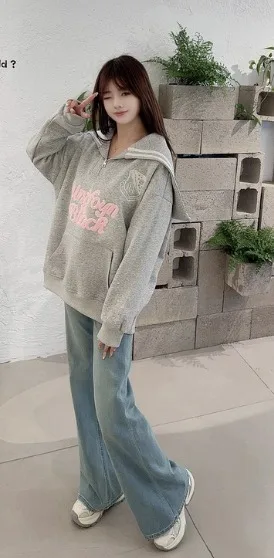 2025 Spring and Autumn New Japanese Style Sweet Navy Collar Long Sleeve Women's Hoodie Gray English Print Design Loose Top