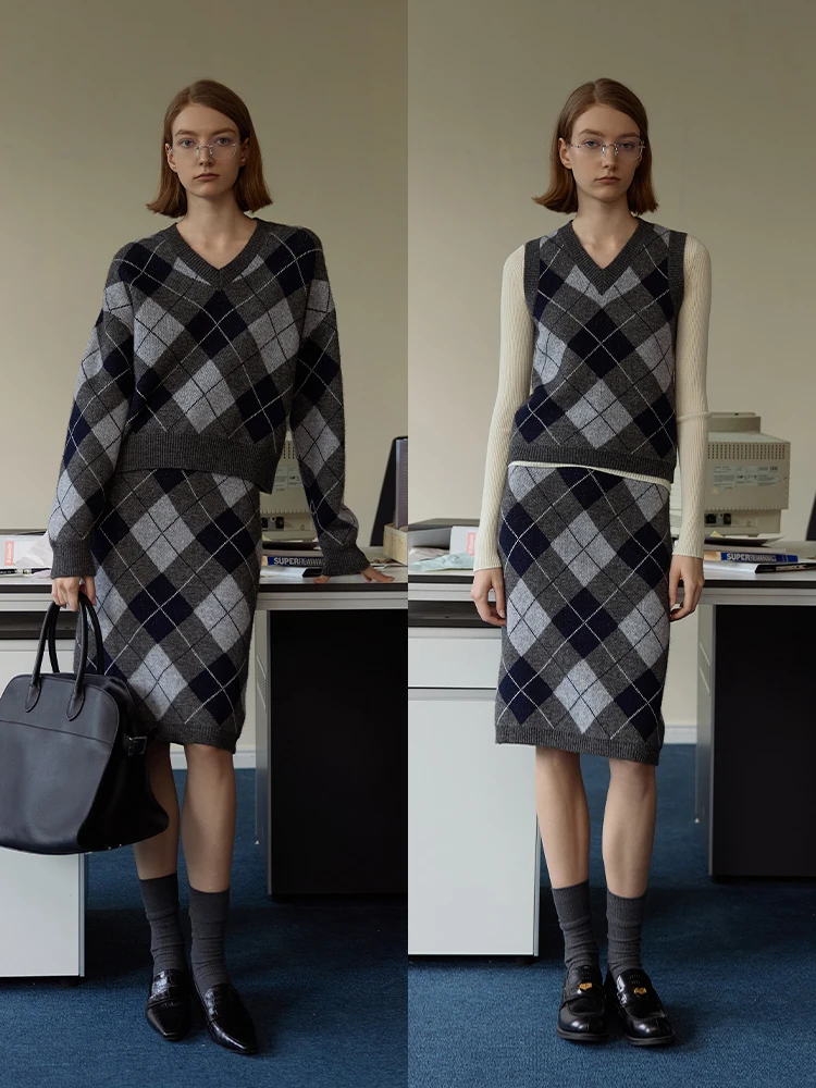 

Briti Sle Ретро тибетская шерсть с ромбовидным узором, универсальная юбка, жилет, женский модный комплект, повседневный комплект из неложной ткани, четыре сезона