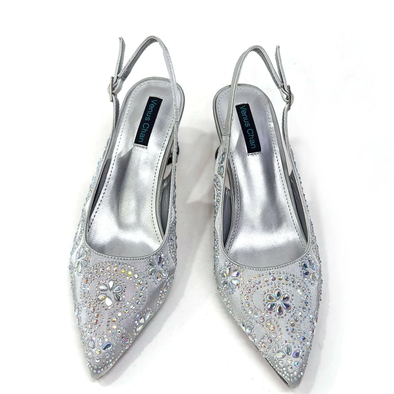 Venus Chan-zapatos de boda de punta estrecha, bolso de almohada con decoración de diamantes completos, diseño italiano, estilo femenino, Color plateado, 2024