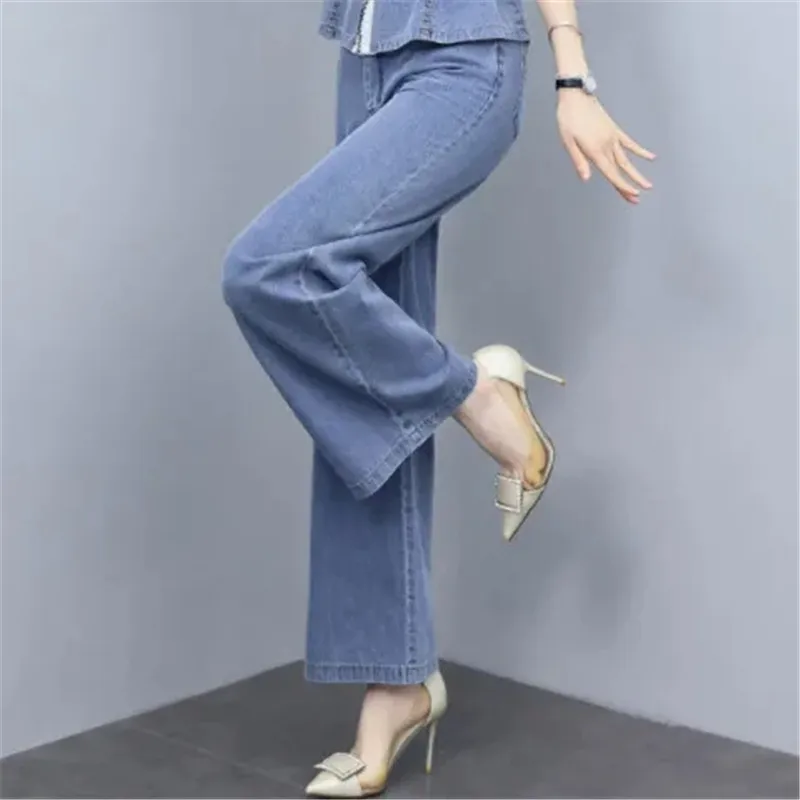 One Piece/Set Ice Silk Denim 2PCS Women 2024Summer New Cowboy Suit Casual Jacket Outfit Thin Wide-Leg Pants Two-Piece Female Top