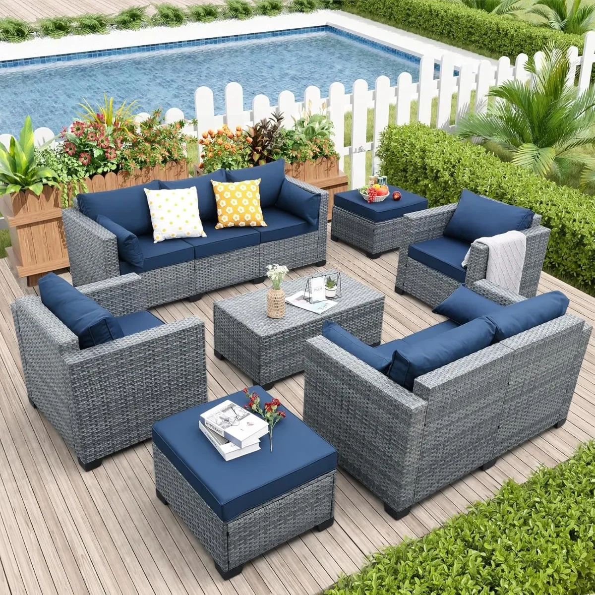 7 Piece Wicker Patio Furniture Sets Outdoor Conversation Set, PE Rattan Sectional Sofa Couch with Storage Table