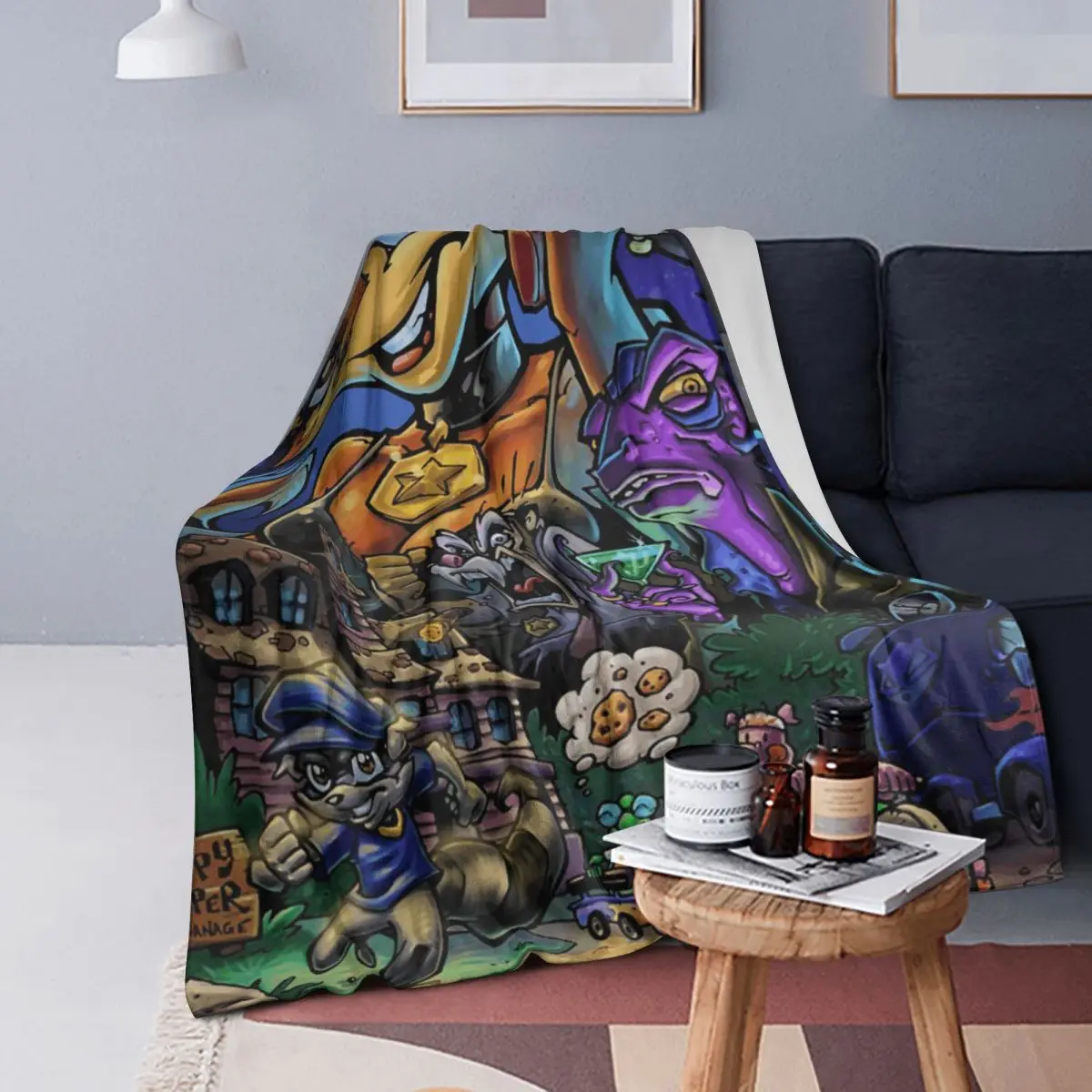 

Comic Collage Sly Cooper Raccoon Fox Turtle Hippo Comic Manga Anime Game Blanket Soft Warm Flannel Throw Blanket Bedspread Bed