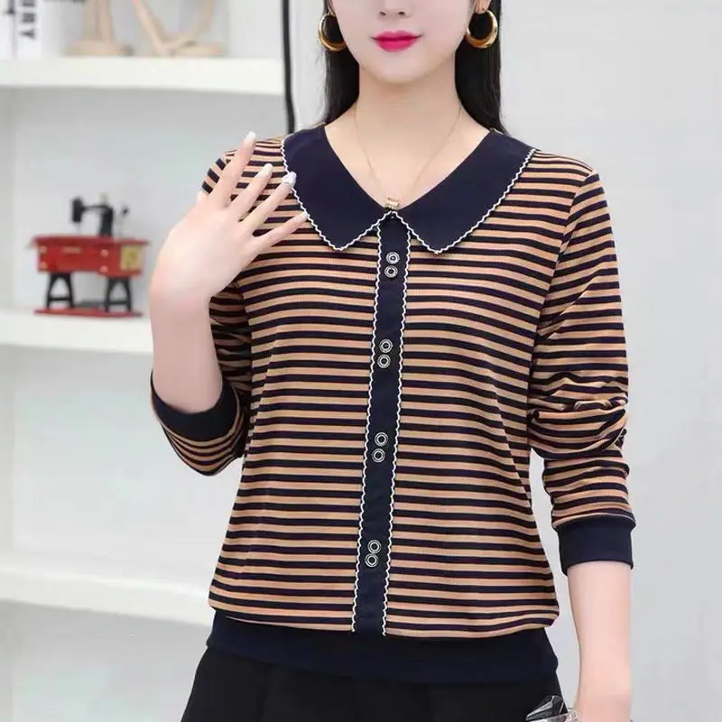 Peter pan Collar Autumn New Striped Long sleeve T-Shirts Oversized women clothing Buttons Casual top tee office Lady pullover