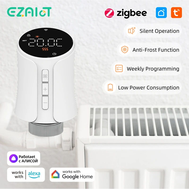 

Tuya Smart ZigBee 3,0 TRV Термостатический клапан радиатора Привод клапана Программируемый регулятор температуры Голос Alexa Google Home