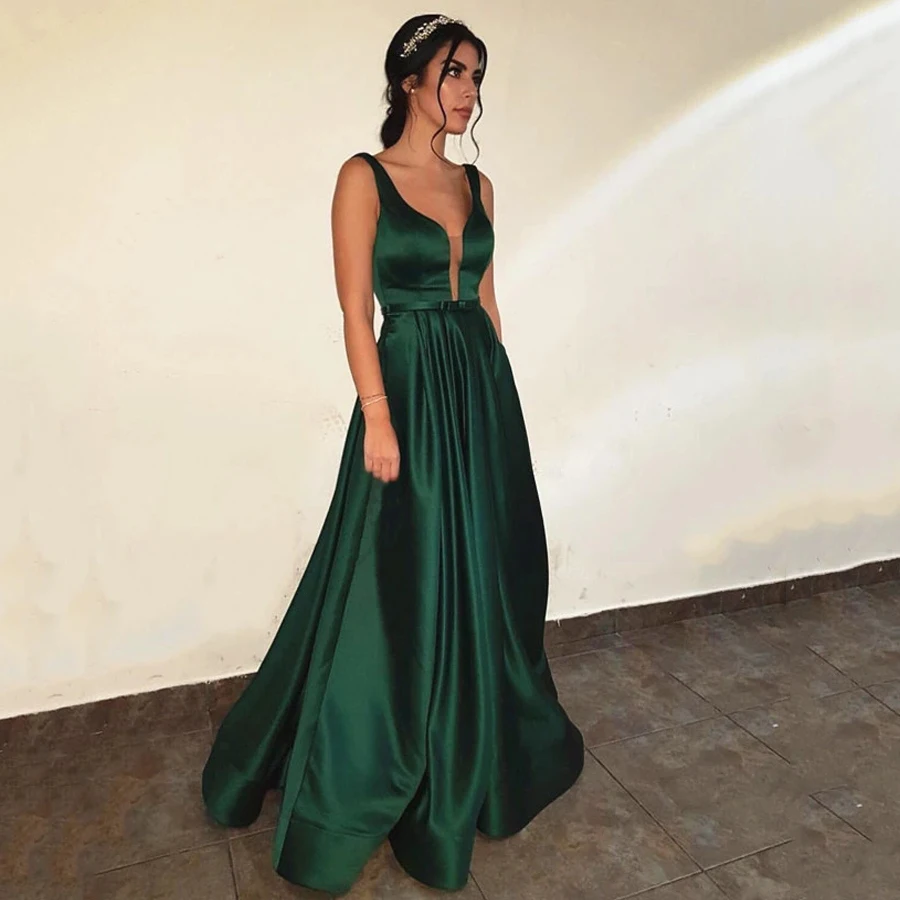 

Dark Green Satin Evening Dresses Sexy A Line V Neck Sleeveless Simple Prom Formal Gown Sweep Train Wedding Party