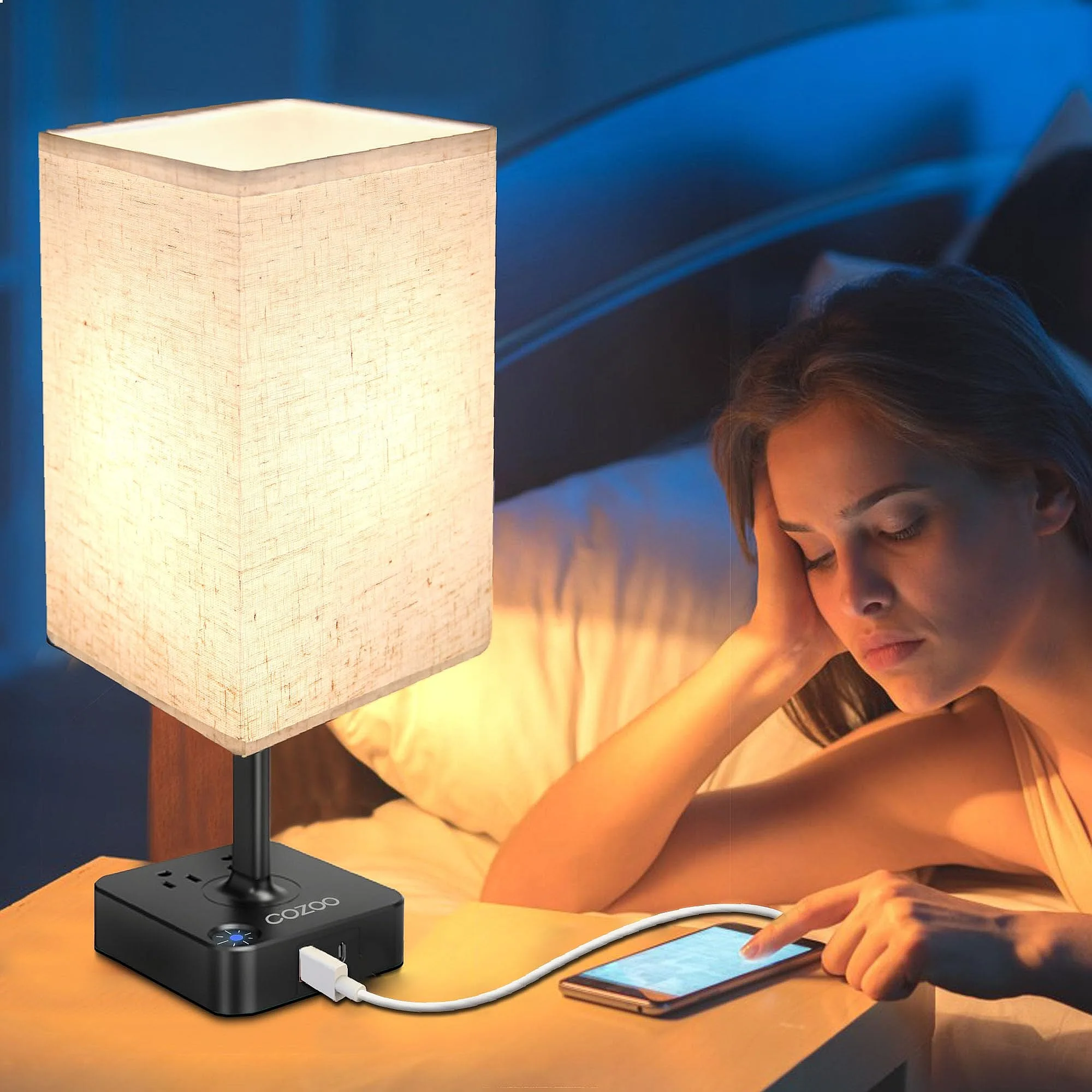 Dimmable LED Table Lamp with 2 USB Ports & 2 Outlets, Black Fabric Shade for Home Office