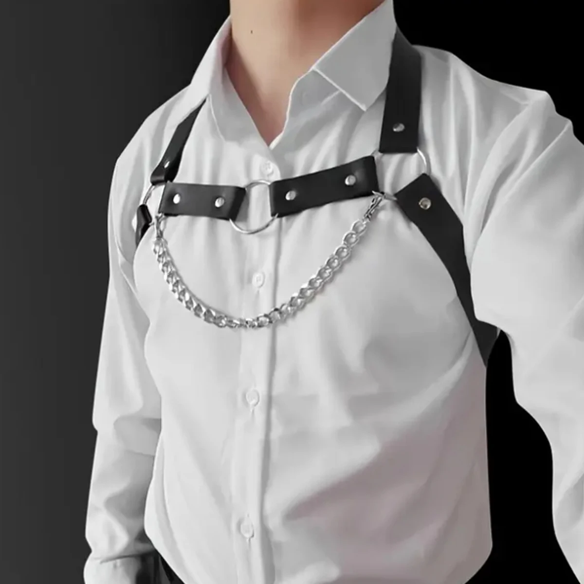 Men's Black Faux Leather Chest Harness - Adjustable Straps, Gothic Punk Style with Metal O-Rings and Chain, Clubwear Rave Outfit