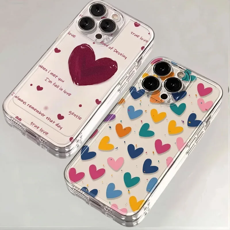 INS Colorful Love Heart Shaped Phone Case For iPhone 16 15 14 11 12 13 Pro Max Plus Mini XS XR 7 8 SE Smiling Clear Cover Fundas