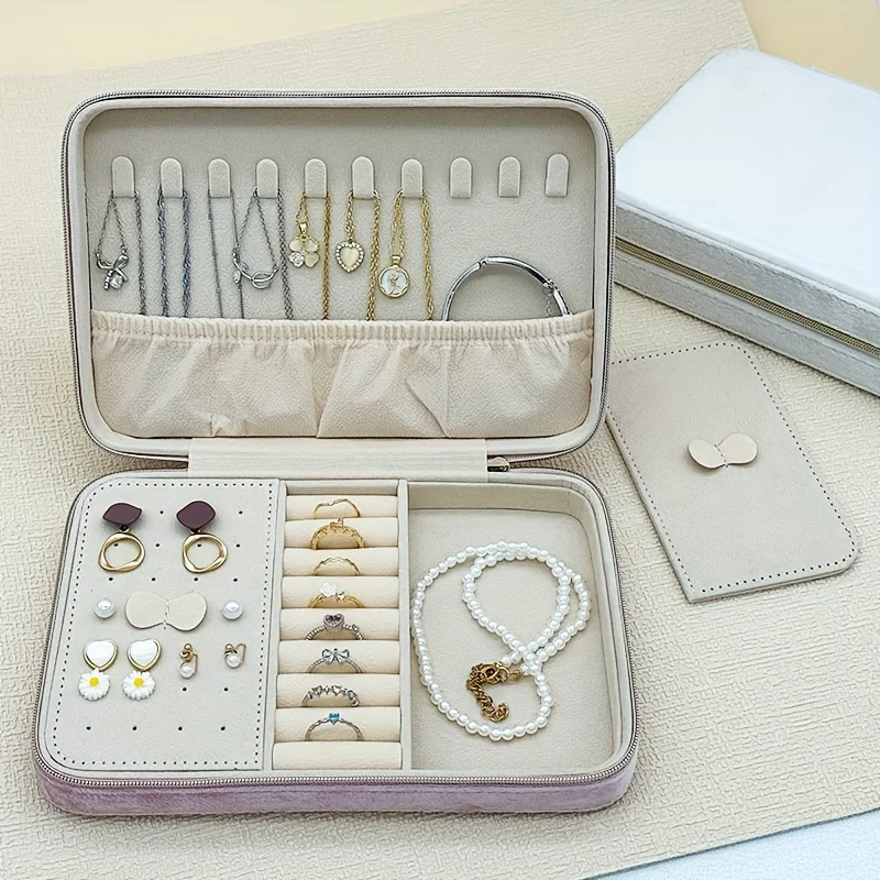 

1pcs Velvet Jewelry Box with Large Capacity Travel Jewelry Storage Box with Zipper Closure Portable Ring Earrings Necklace Box